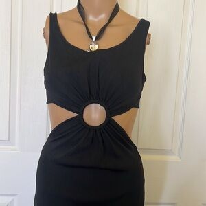 Solid Stripes cutout black sleeveless midi dress szS